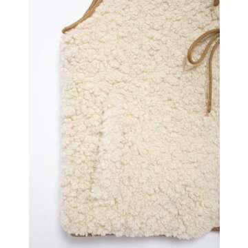 Perbai Women's Fuzzy Fleece Vest Crewneck Sleeveless Sherpa Jacket Tie Front Y2K Cardigan Vest Gilet with Pockets(Beige-M)