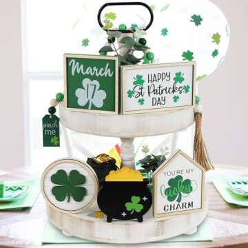 Joyseller St. Patrick's Day Decorations | 6PCS St. Patrick's Day Tiered Tray Decor | Luck Shamrock Wooden Signs Irish Decor | Happy Saint Patrick’s Centerpiece for Home Table Shelf Party