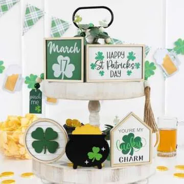 Joyseller St. Patrick's Day Decorations | 6PCS St. Patrick's Day Tiered Tray Decor | Luck Shamrock Wooden Signs Irish Decor | Happy Saint Patrick’s Centerpiece for Home Table Shelf Party