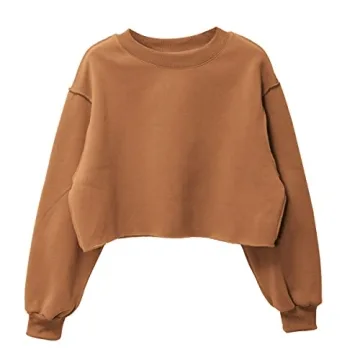 Amazhiyu Women Cropped Sweatshirt Long Sleeves Pullover Fleece Crop Tops in Brown, X-Large