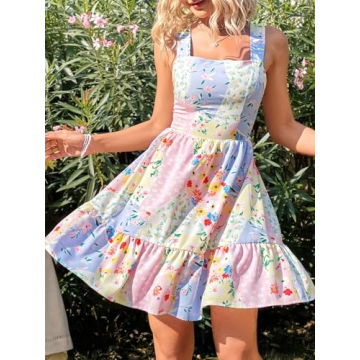 Floerns Women's Floral Print Knot Back Sleeveless Sundress Ruffle Hem A Line Dress Blue Pink Multi Large