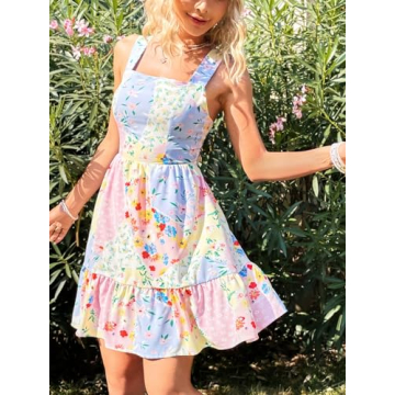 Floerns Women's Floral Print Knot Back Sleeveless Sundress Ruffle Hem A Line Dress Blue Pink Multi Large