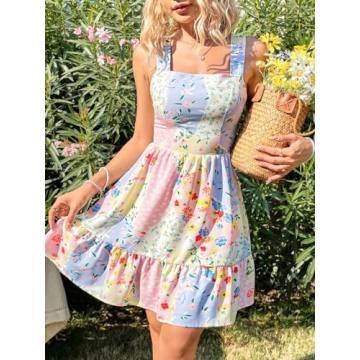 Floerns Women's Floral Print Knot Back Sleeveless Sundress Ruffle Hem A Line Dress Blue Pink Multi Large