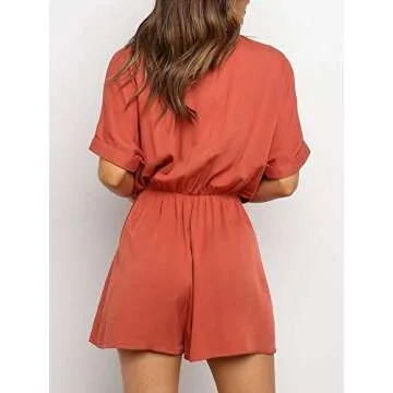 Ivay Women's V Neck Button Rompers with Pockets