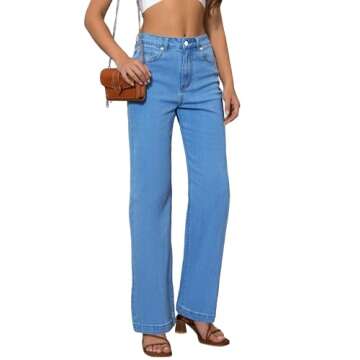 ETTELO Womens Jeans Mid Waisted Straight Leg Loose Stretchy Lightweight Tummy Control Trendy Jeans f...