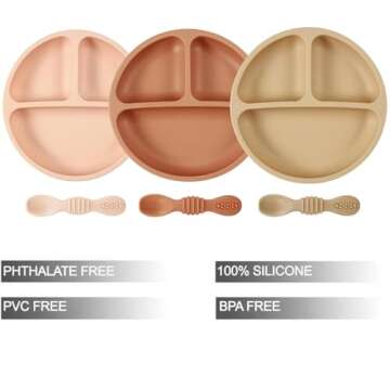 PandaEar 3 Pack Toddler Plates with 3 Spoons, 100% Silicone Divided Suction Plate for Babies, BPA-Fr...