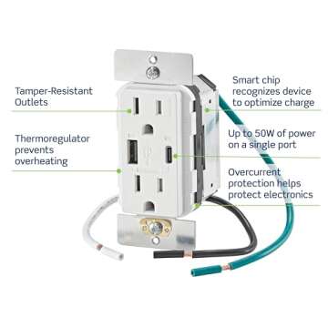 Leviton T5634-W 60W (20V@2.5A+ 5V@2A) USB Dual Type A/Type-C Power Delivery in-Wall Charger with 15A Tamper-Resistant Outlet, USB Charger for Smartphones, Tablets, Laptops, White