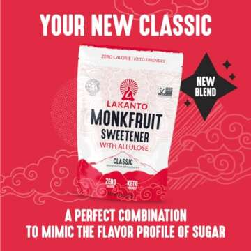 Lakanto Classic Monk Fruit Sweetener With Allulose, White Sugar Substitute From Monk Fruit Extract for Baking, Coffee & Tea, Gluten Free, Zero Calorie, Low Carb, Non GMO, Keto, Classic White, 8 OZ Bag