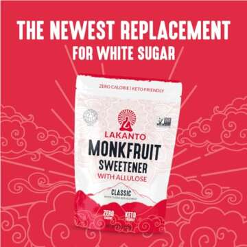 Lakanto Classic Monk Fruit Sweetener With Allulose, White Sugar Substitute From Monk Fruit Extract for Baking, Coffee & Tea, Gluten Free, Zero Calorie, Low Carb, Non GMO, Keto, Classic White, 8 OZ Bag