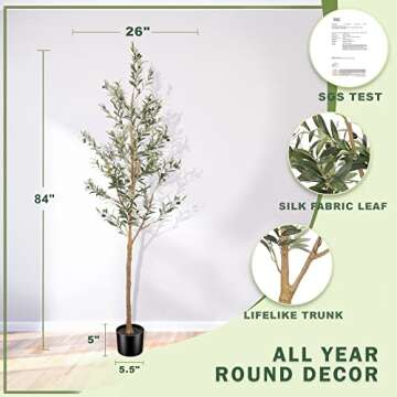 LYERSE 7ft Artificial Olive Tree Tall Fake Potted Olive Silk Tree with Planter Large Faux Olive Branches and Fruits Artificial Tree for Office House Living Room Home Decor