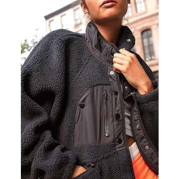 APAFES Women's Cropped Sherpa Lined Fleece Jacket Winter Warm Button Down Fuzzy Coats Shacket Outerw...