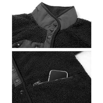 APAFES Women's Cropped Sherpa Lined Fleece Jacket Winter Warm Button Down Fuzzy Coats Shacket Outerwear with Pockets(873-Black-M)