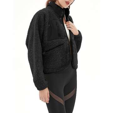 APAFES Women's Cropped Sherpa Lined Fleece Jacket Winter Warm Button Down Fuzzy Coats Shacket Outerwear with Pockets(873-Black-M)