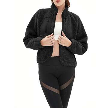 APAFES Women's Cropped Sherpa Lined Fleece Jacket Winter Warm Button Down Fuzzy Coats Shacket Outerwear with Pockets(873-Black-M)