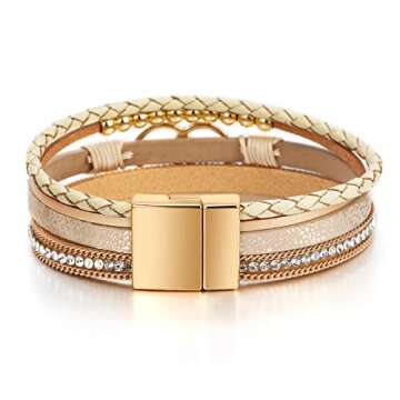 Fesciory Leopard Bracelet for Women, Boho Leather Wrap Multi-Layer Pearl Crystal Bracelet Bangle Jewelry (B38:Double Circle(Khaki))