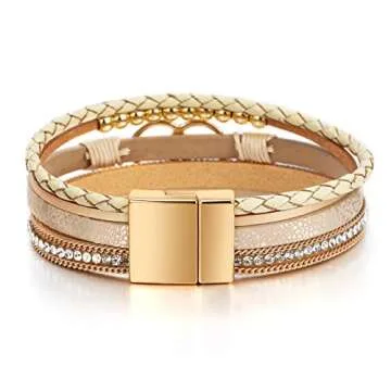 Fesciory Leopard Bracelet for Women, Boho Leather Wrap Multi-Layer Pearl Crystal Bracelet Bangle Jewelry (B38:Double Circle(Khaki))