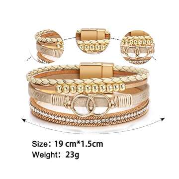 Fesciory Leopard Bracelet for Women, Boho Leather Wrap Multi-Layer Pearl Crystal Bracelet Bangle Jewelry (B38:Double Circle(Khaki))