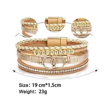 Fesciory Leopard Bracelet for Women, Boho Leather Wrap Multi-Layer Pearl Crystal Bracelet Bangle Jewelry (B38:Double Circle(Khaki))
