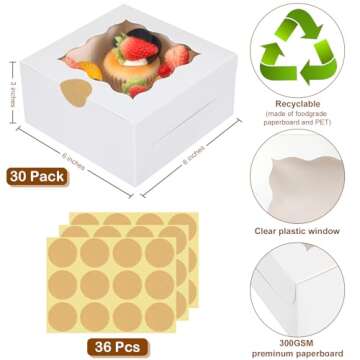 Colovis 30 Pcs White Bakery Boxes with Window, 6 X 6 X 3 Inches, White Paperboard Treat Boxes for Co...