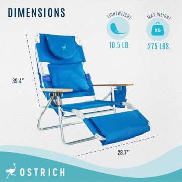 Ostrich Deluxe 3 in 1 Beach Chair with Face Opening - Portable, Reclining Lounger for Tanning