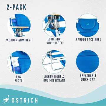 Ostrich Deluxe 3 in 1 Beach Chair with Face Opening - Portable, Reclining Lounger for Tanning