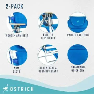 Ostrich Deluxe 3 in 1 Beach Chair with Face Opening - Portable, Reclining Lounger for Tanning