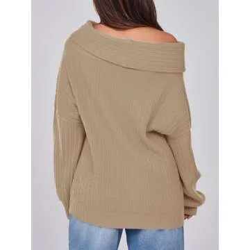 Saodimallsu Womens Off The Shoulder Sweater Top Oversized 2024 Fall Batwing Boat Neck Knit Sexy Casual Pullover Khaki