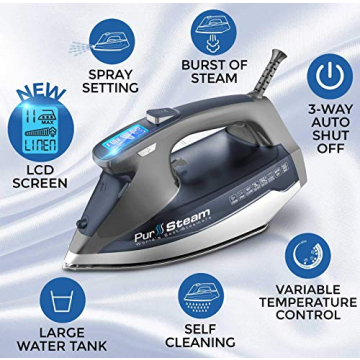 PurSteam 1800W Steam Iron with LCD, Auto Shutoff & More