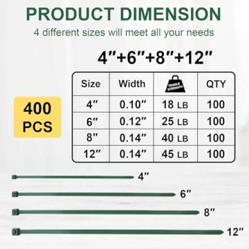 Green Zip Ties Assorted Sizes (4"+6"+8"+12"), 400 Pack, Cable Ties UV Resistant for Garden, Plants, ...