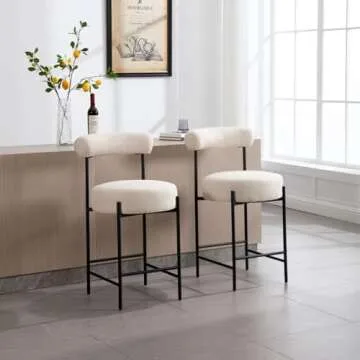 ROCITY Modern Bar Stools Set of 2 Beige Barrel Counter Stools Upholstered Fabric Barstools 26 Inch Kitchen Island Chairs with Metal Legs, Cream Linen