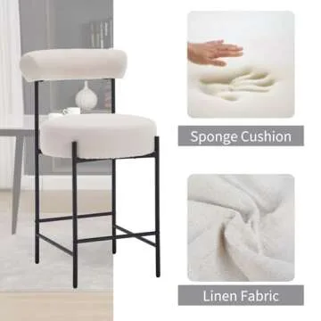 ROCITY Modern Bar Stools Set of 2 Beige Barrel Counter Stools Upholstered Fabric Barstools 26 Inch Kitchen Island Chairs with Metal Legs, Cream Linen