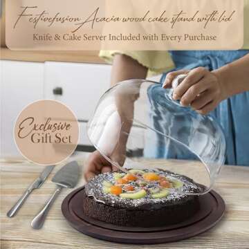 Festive Fusion Wood Cake Stand with Lid, Acacia Dessert Table Display Set with Shovel and Knife & Ch...