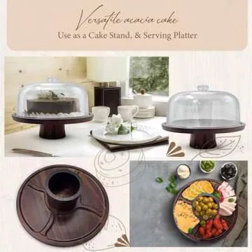 Festive Fusion Wood Cake Stand with Lid, Acacia Dessert Table Display Set with Shovel and Knife & Charcuterie Board for Cheese, Snack and Dips, Cake Plate with Acrylic Dome Multifuncional (6 in 1)