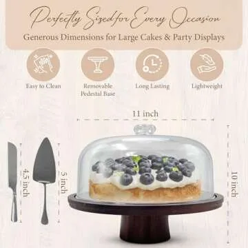Festive Fusion Wood Cake Stand with Lid, Acacia Dessert Table Display Set with Shovel and Knife & Charcuterie Board for Cheese, Snack and Dips, Cake Plate with Acrylic Dome Multifuncional (6 in 1)