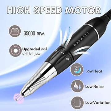 Makartt Rechargeable Nail Drill Electric Nail File Black Stephanee 35000RPM Professional Nail Drill Kit Portable E File Manicure Drill for Acrylic Nails Poly Nail Gel Polish Nail Extension Gel B-18