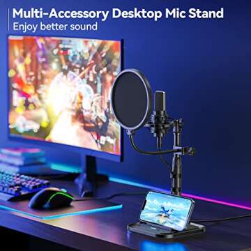 Desktop Microphone Stand with Phone Holder, 2 in 1 Adjustable Mic Stand Desk with Pop Filter, Shock ...