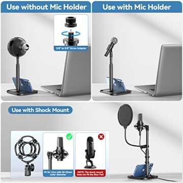 Desktop Microphone Stand with Phone Holder, 2 in 1 Adjustable Mic Stand Desk with Pop Filter, Shock Mount, Microphone Clip, 3/8" to 5/8" Metal Screw Adapter for Blue Yeti Snowball Ice and Other Mics