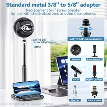 Desktop Microphone Stand with Phone Holder, 2 in 1 Adjustable Mic Stand Desk with Pop Filter, Shock Mount, Microphone Clip, 3/8" to 5/8" Metal Screw Adapter for Blue Yeti Snowball Ice and Other Mics