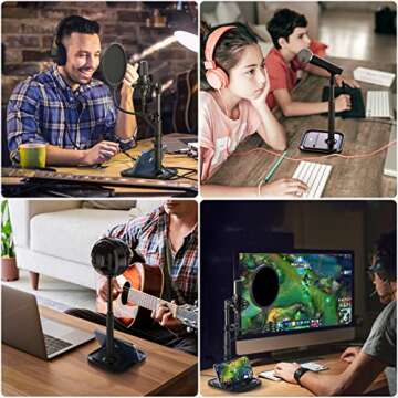 Desktop Microphone Stand with Phone Holder, 2 in 1 Adjustable Mic Stand Desk with Pop Filter, Shock Mount, Microphone Clip, 3/8" to 5/8" Metal Screw Adapter for Blue Yeti Snowball Ice and Other Mics