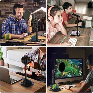 Desktop Microphone Stand with Phone Holder, 2 in 1 Adjustable Mic Stand Desk with Pop Filter, Shock Mount, Microphone Clip, 3/8" to 5/8" Metal Screw Adapter for Blue Yeti Snowball Ice and Other Mics