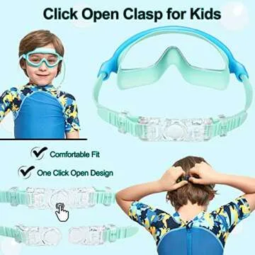 Seago Swim Goggles 2 Pack Anti-Fog Anti-UV Wide View UV Protection, Adjustable Swimming Goggles for Kids 3-15, Light Blue & Black, Green