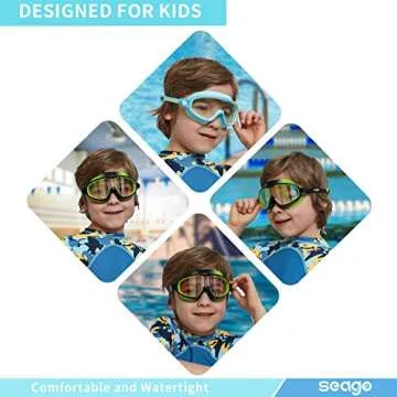 Seago Swim Goggles 2 Pack Anti-Fog Anti-UV Wide View UV Protection, Adjustable Swimming Goggles for Kids 3-15, Light Blue & Black, Green