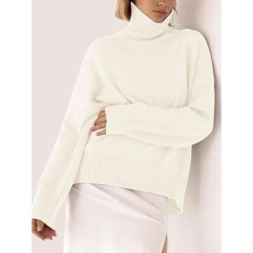 YKR Women's Turtleneck Sweater Chunky Long Sleeve Knitted Pullover High Low Hem Sweater 2024 Fall Winter Sweater Jumper Top White S