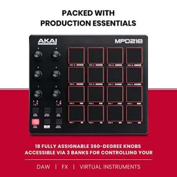AKAI Professional MPD218 - USB MIDI Controller with 16 MPC Drum Pads, 6 Assignable Knobs, Note Repeat & Full Level Buttons and Production Software