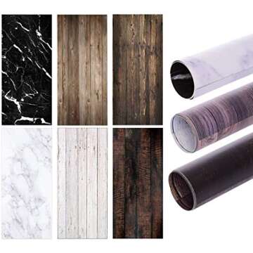 Allenjoy 3pcs 34.4x15.7 in Double Sided Photography Background 2 in 1 Black Marble Wood Texture Pattern Paper Tabletop Backdrop Food Jewelry Cosmetics Makeup Professional Photo Shoot