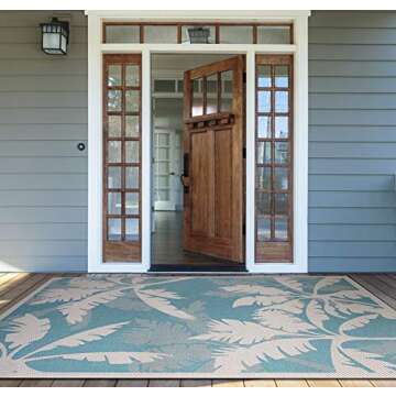 Couristan Monaco Outdoor Area Rug - Coastal Flora 2'3" X 7'10" Runner in Ivory and Turquoise Color, ...