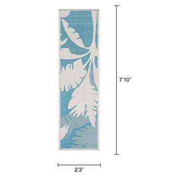Couristan Monaco Outdoor Area Rug - Coastal Flora 2'3" X 7'10" Runner in Ivory and Turquoise Color, Hose Washable, Pet Friendly, Patio and Home Decor