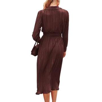 KIRUNDO Womens 2024 Spring Fall Long Sleeve Midi Dress Button Down Pleated Shirt Casual V Neck Tie W...