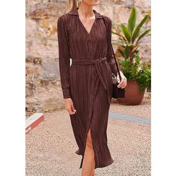 KIRUNDO Womens 2024 Spring Fall Long Sleeve Midi Dress Button Down Pleated Shirt Casual V Neck Tie Waist Elegant Dresses(Dark Brown, Medium)