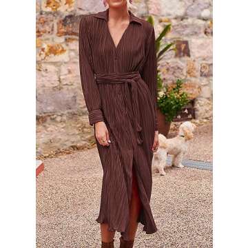 KIRUNDO Womens 2024 Spring Fall Long Sleeve Midi Dress Button Down Pleated Shirt Casual V Neck Tie Waist Elegant Dresses(Dark Brown, Medium)